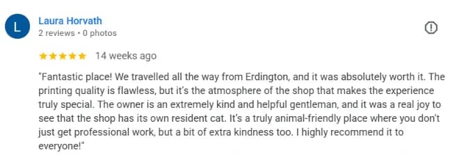 Five-star review from an Erdington t-shirt printing customer