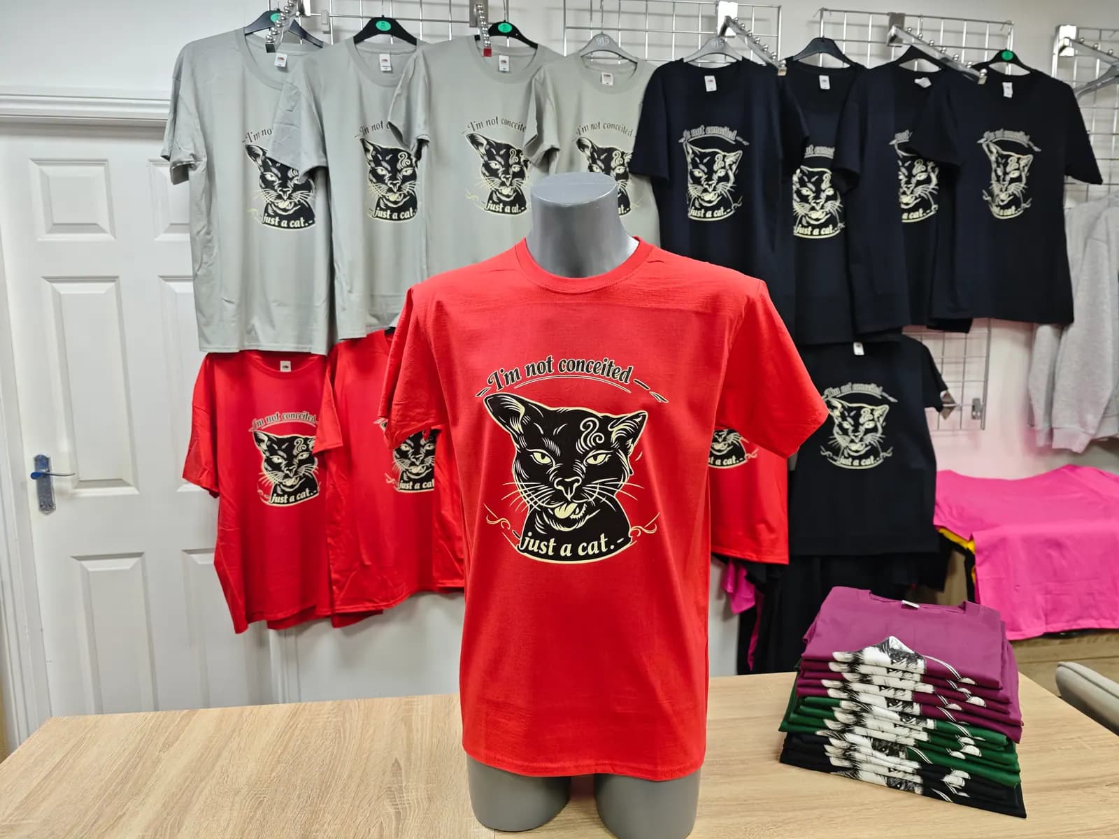 Red custom printed t-shirt from a bulk north Birmingham order