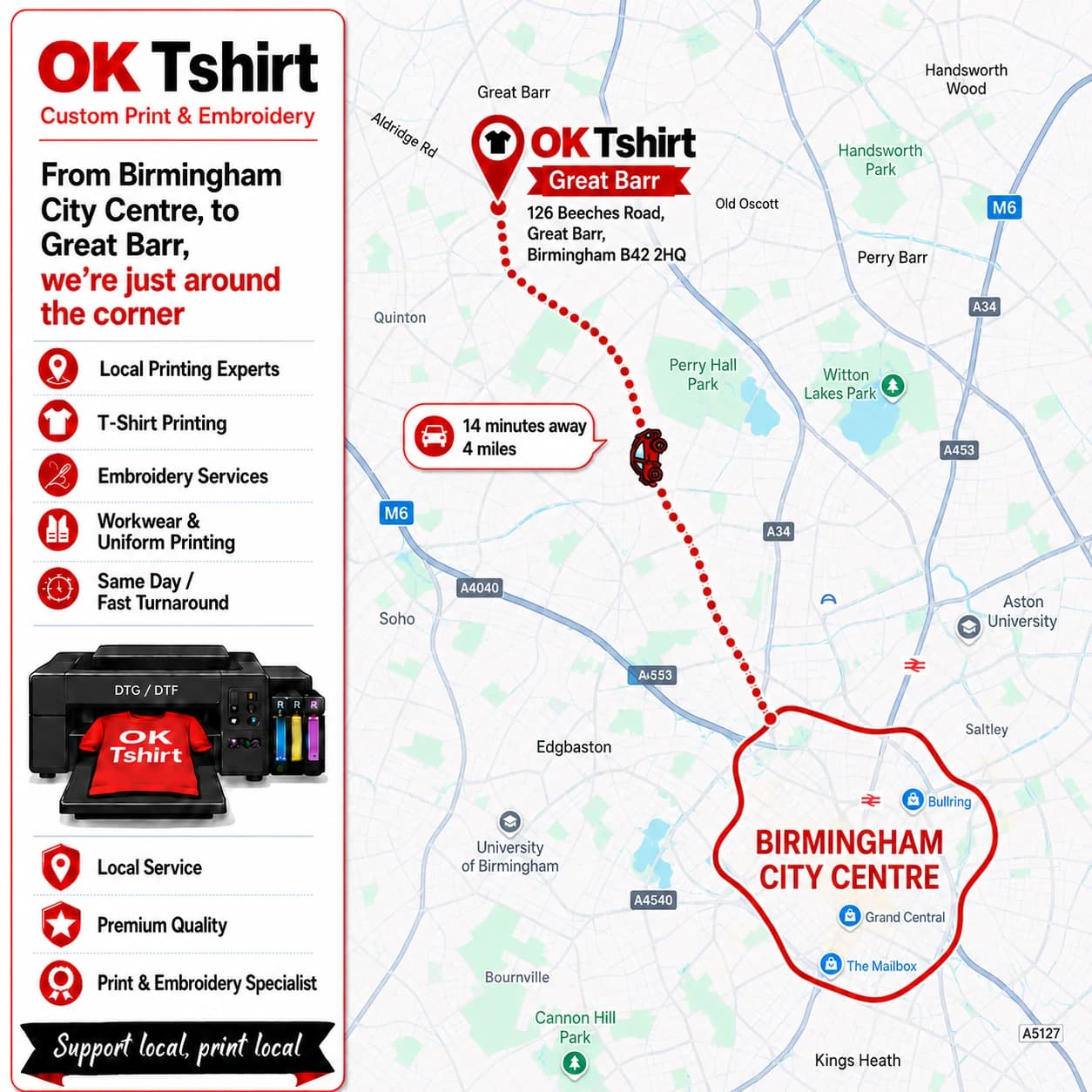 Map showing the route from Birmingham city centre to OK Tshirt in Great Barr for custom t-shirt printing — 14 minutes away, 4 miles