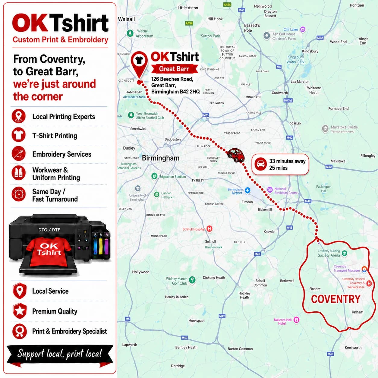 Map showing the route from Coventry to OK Tshirt in Great Barr for custom t-shirt printing — 33 minutes away, 25 miles