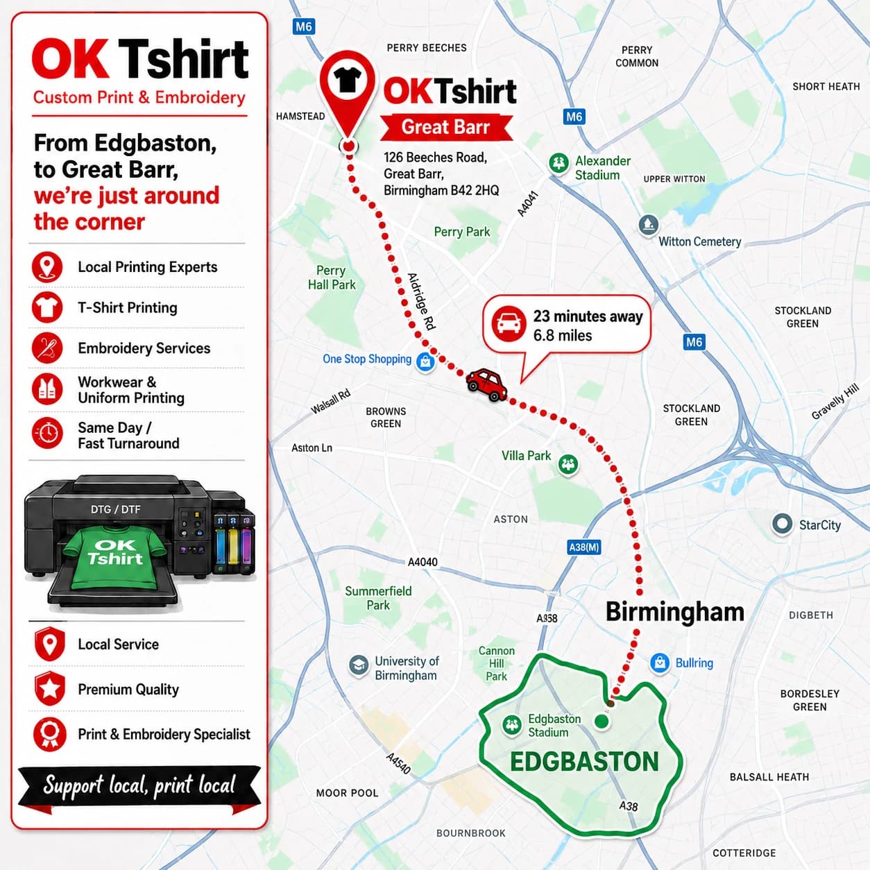 Map showing the route from Edgbaston to OK Tshirt in Great Barr for custom t-shirt printing — 23 minutes away, 6.8 miles