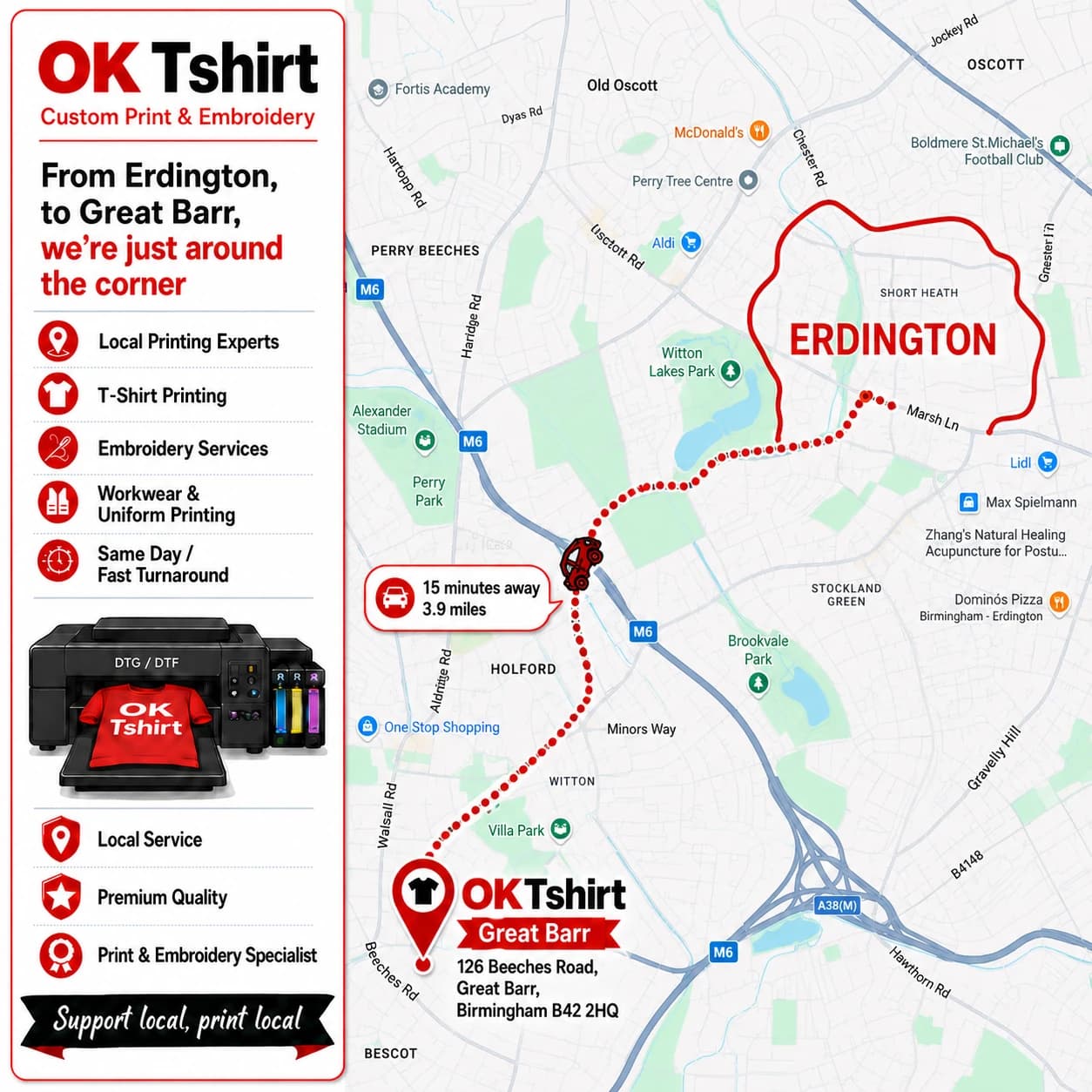 Map showing the route from Erdington to OK Tshirt in Great Barr for custom t-shirt printing — 15 minutes away, 3.9 miles