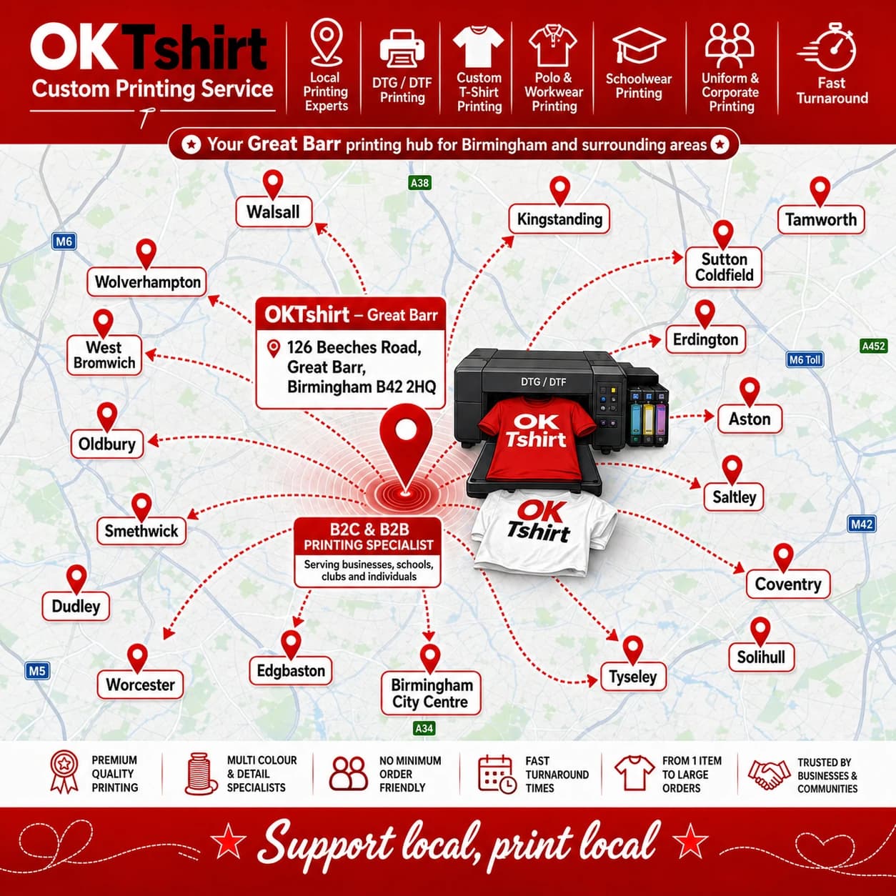 OK Tshirt Great Barr — the local custom t-shirt printing hub on Beeches Road serving Birmingham and surrounding areas