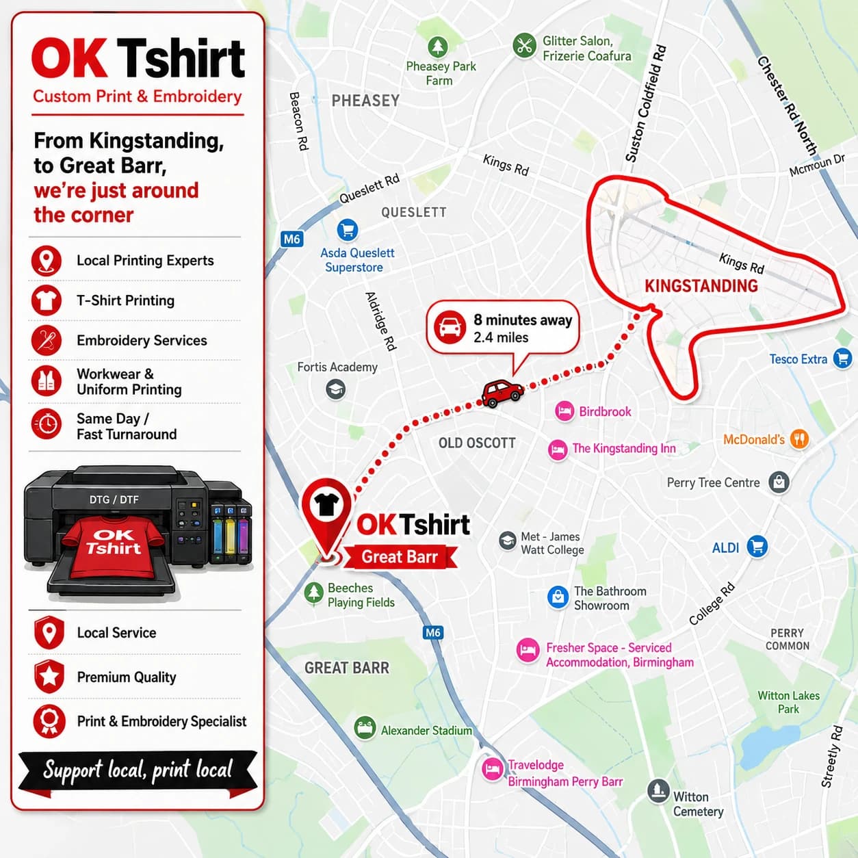 Map showing the route from Kingstanding to OK Tshirt in Great Barr for custom t-shirt printing — 8 minutes away, 2.4 miles