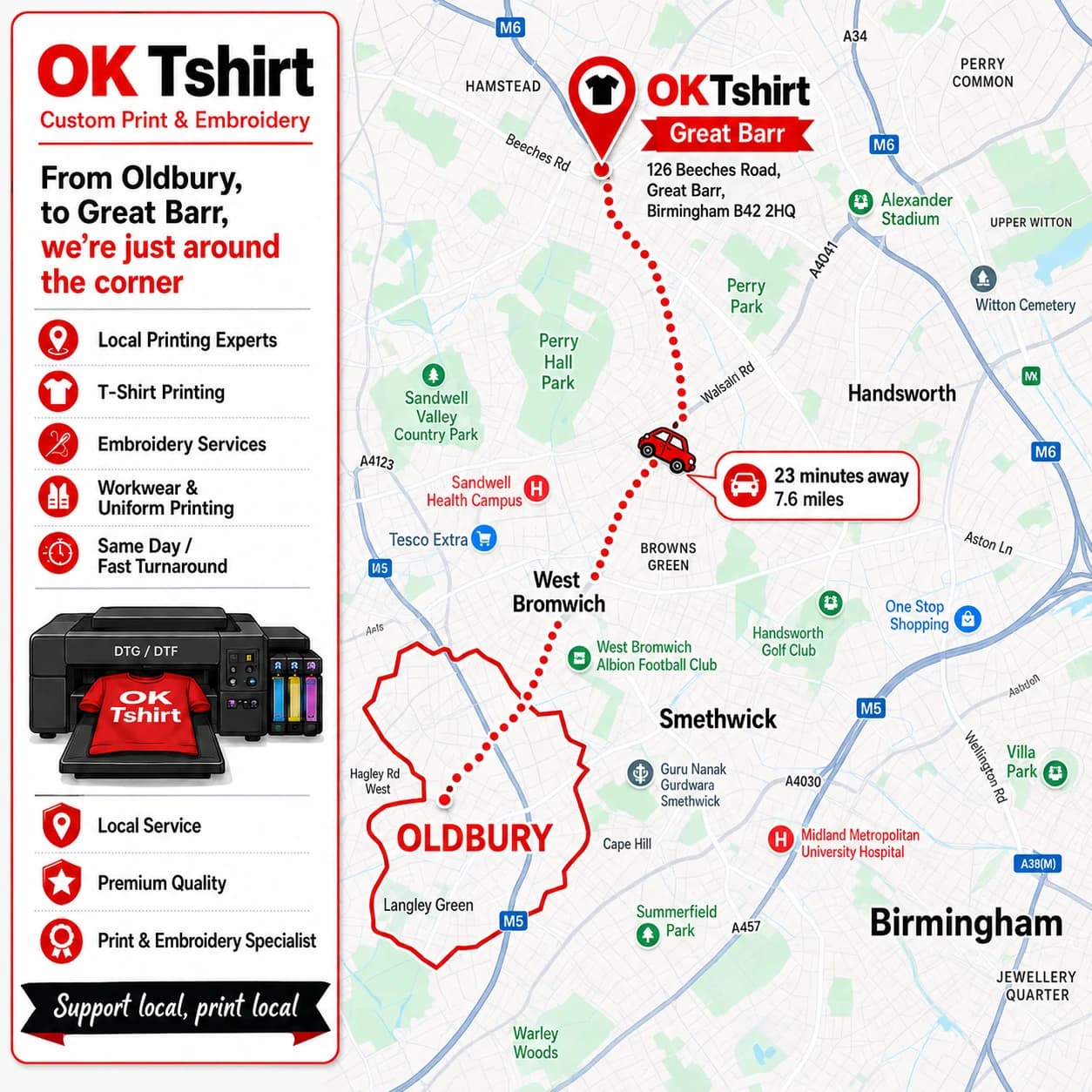 Map showing the route from Oldbury to OK Tshirt in Great Barr for custom t-shirt printing — 23 minutes away, 7.6 miles