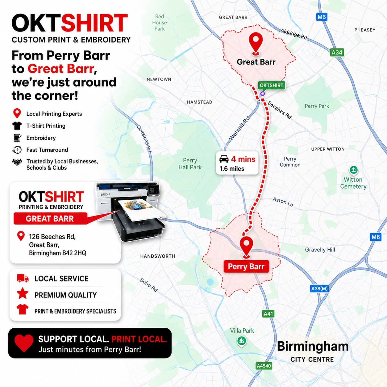Map showing the route from Perry Barr to OK Tshirt in Great Barr for custom t-shirt printing — 4 minutes away, 1.6 miles