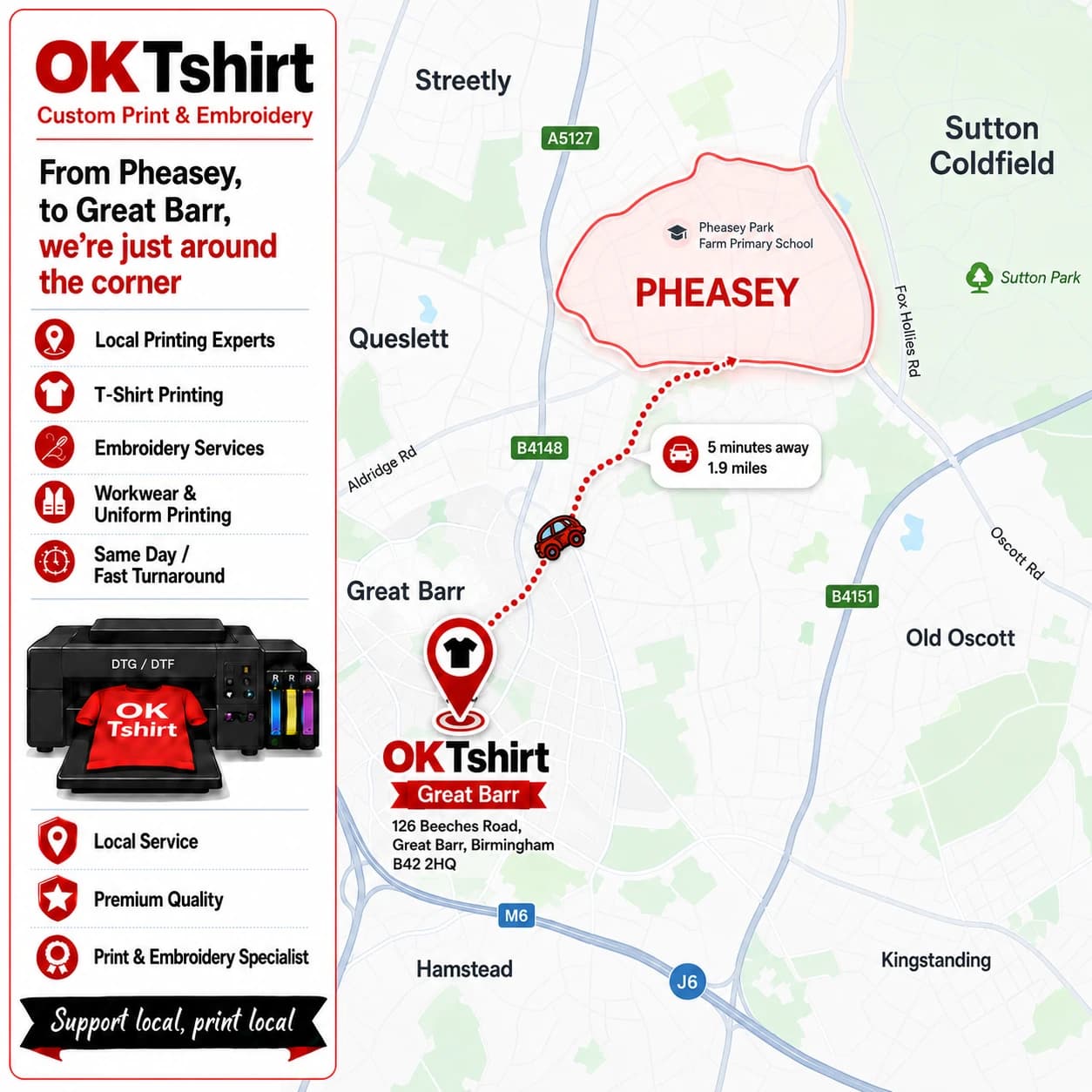 Map showing the route from Pheasey to OK Tshirt in Great Barr for custom t-shirt printing — 5 minutes away, 1.9 miles