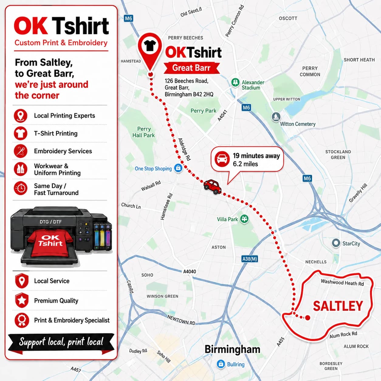 Map showing the route from Saltley to OK Tshirt in Great Barr for custom t-shirt printing — 19 minutes away, 6.2 miles
