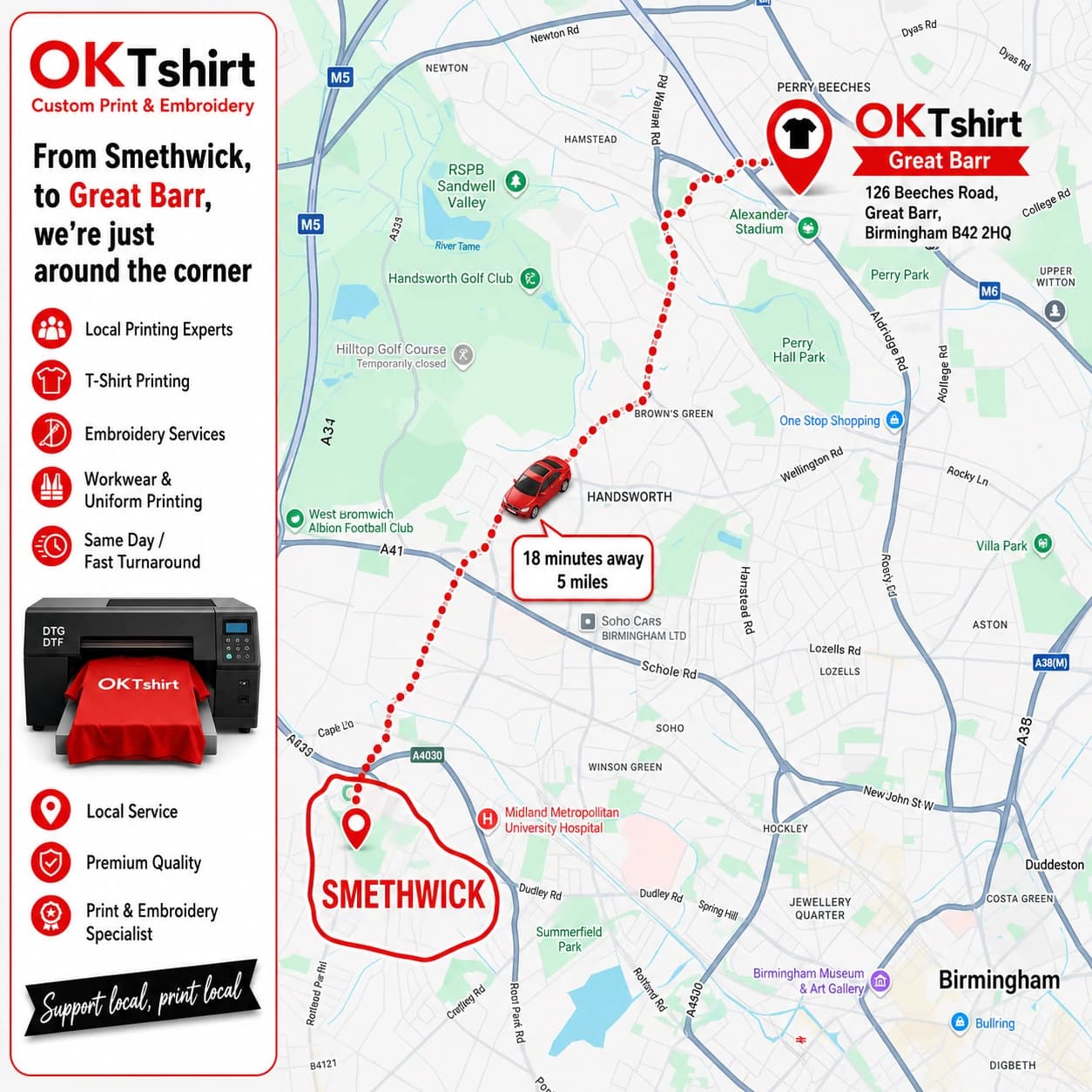 Map showing the route from Smethwick to OK Tshirt in Great Barr for custom t-shirt printing — 18 minutes away, 5 miles