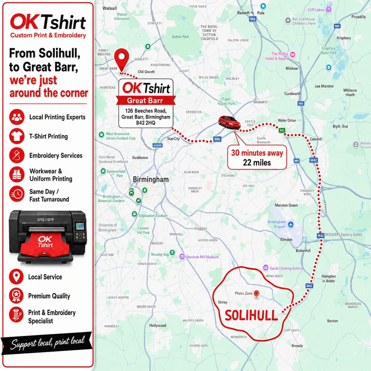 Map showing the route from Solihull to OK Tshirt in Great Barr for custom t-shirt printing — 30 minutes away, 22 miles