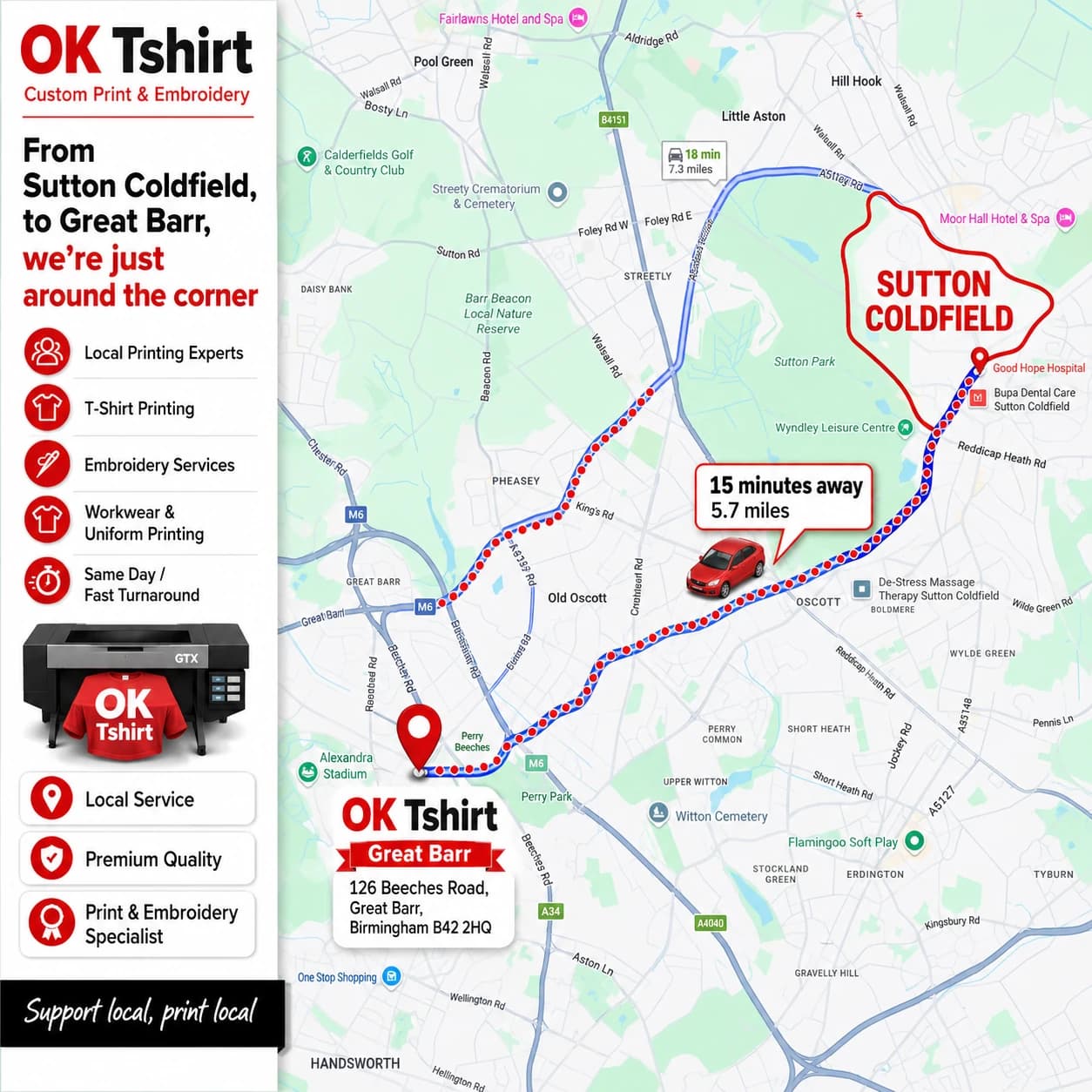 Map showing the route from Sutton Coldfield to OK Tshirt in Great Barr for custom t-shirt printing — 15 minutes away, 5.7 miles