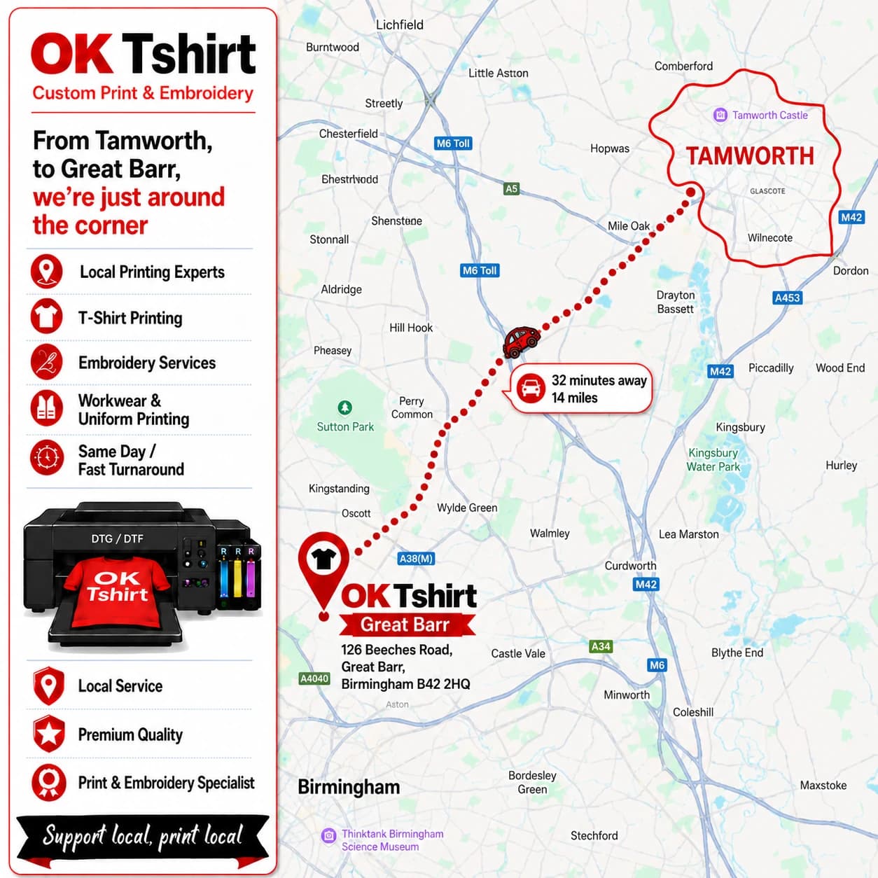 Map showing the route from Tamworth to OK Tshirt in Great Barr for custom t-shirt printing — 32 minutes away, 14 miles