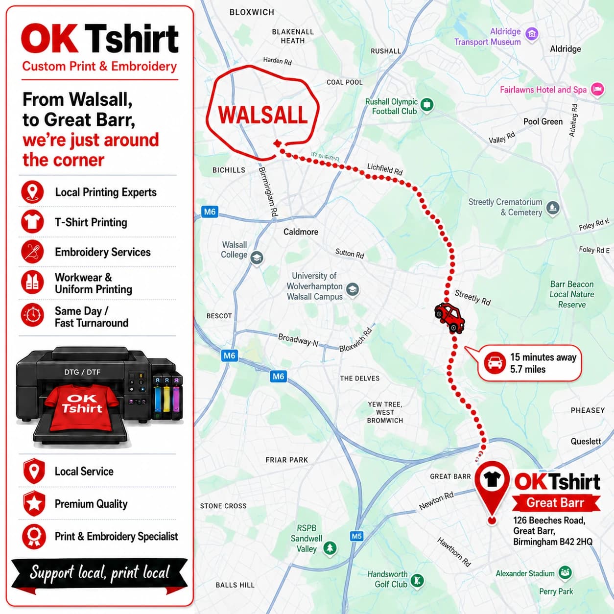 Map showing the route from Walsall to OK Tshirt in Great Barr for custom t-shirt printing — 15 minutes away, 5.7 miles