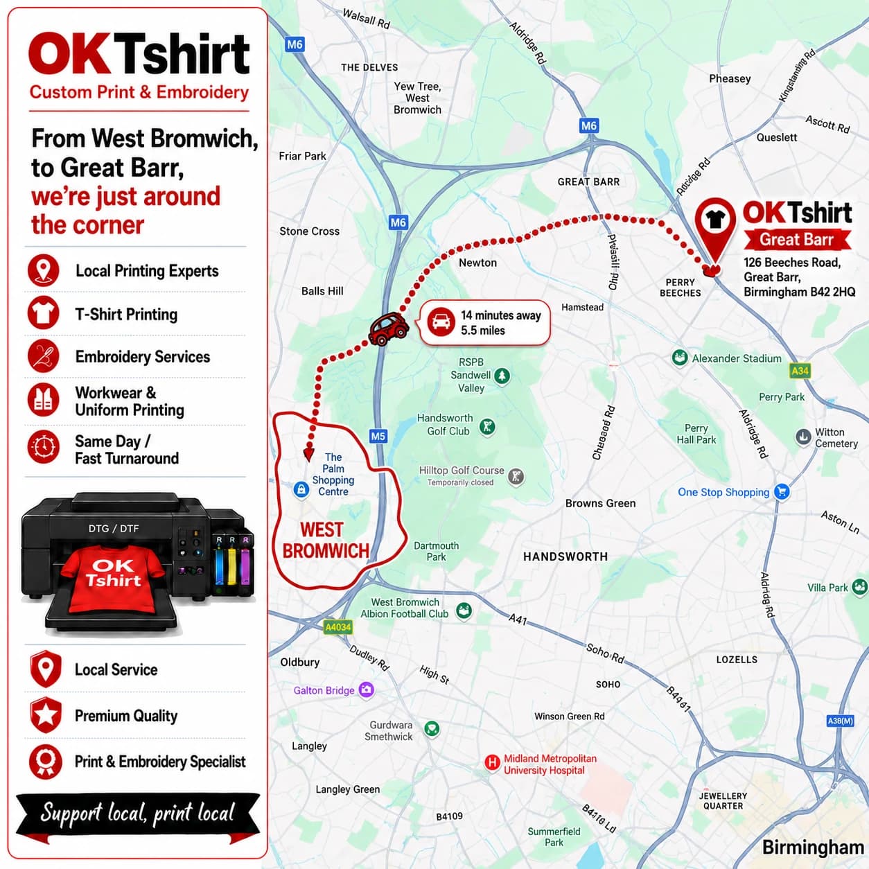 Map showing the route from West Bromwich to OK Tshirt in Great Barr for custom t-shirt printing — 14 minutes away, 5.5 miles
