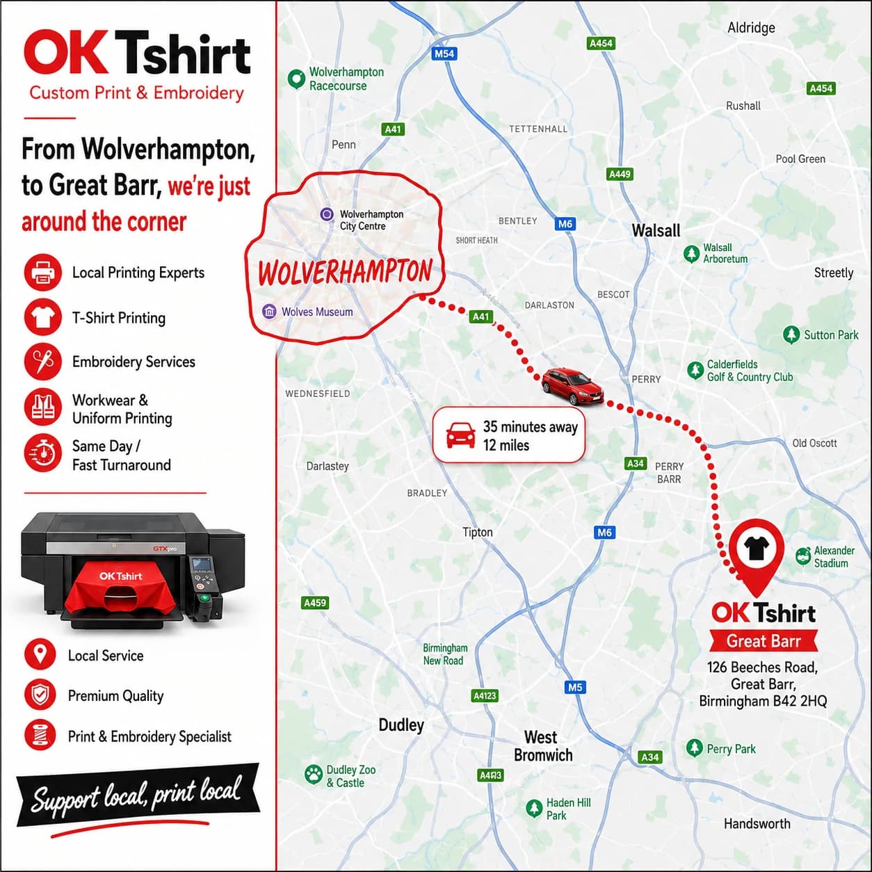 Map showing the route from Wolverhampton to OK Tshirt in Great Barr for custom t-shirt printing — 35 minutes away, 12 miles