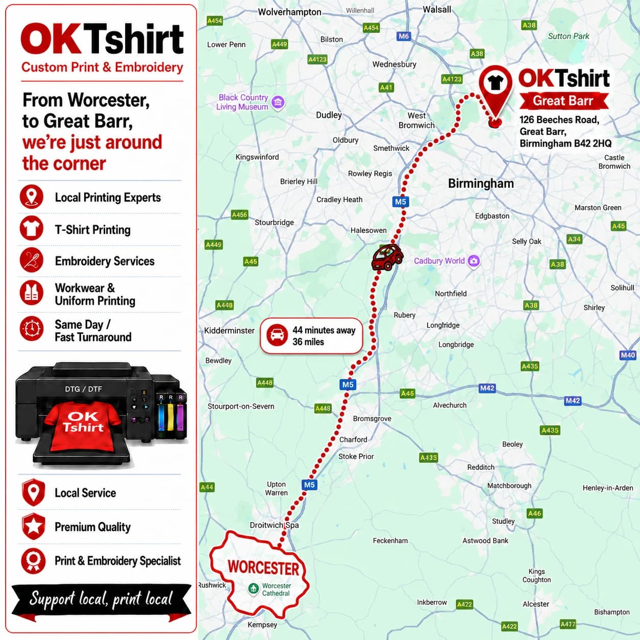 Map showing the route from Worcester to OK Tshirt in Great Barr for custom t-shirt printing — 44 minutes away, 36 miles