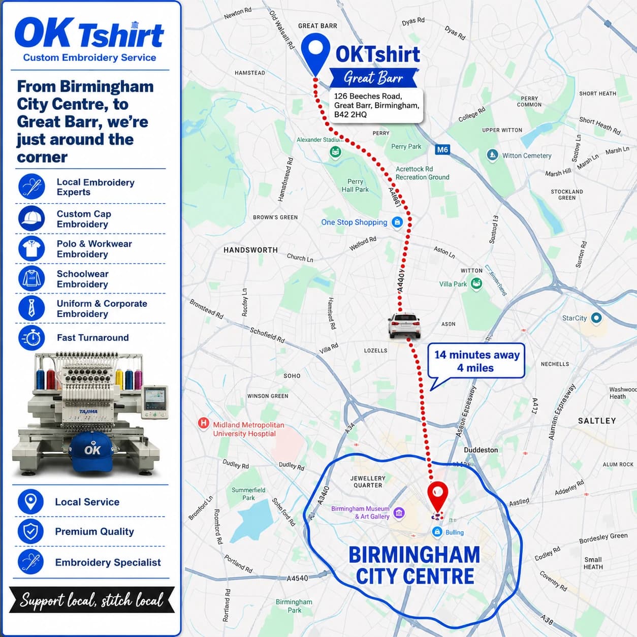 Map showing the route from Birmingham city centre to OK Tshirt in Great Barr for custom embroidery — 14 minutes away, 4 miles