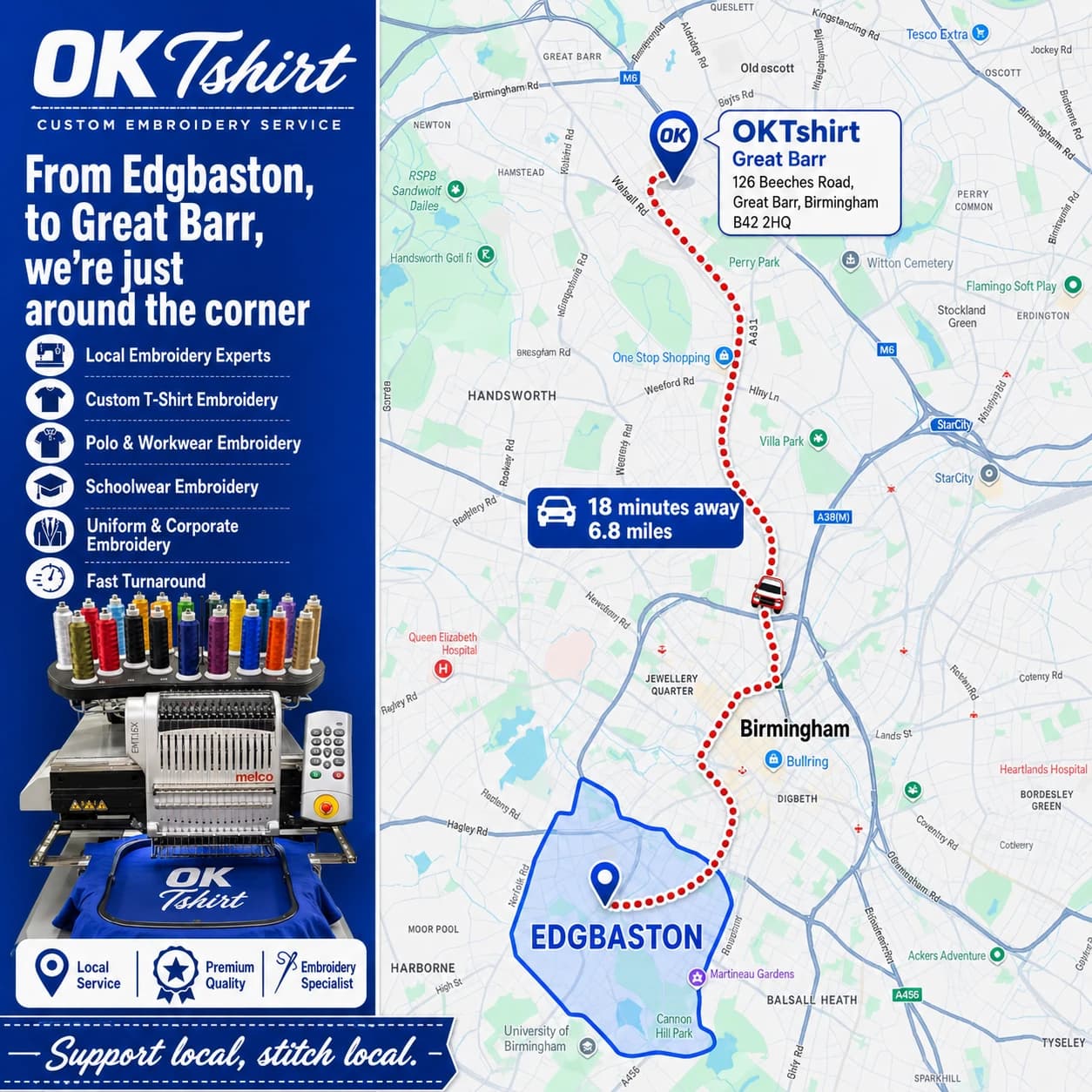 Map showing the route from Edgbaston to OK Tshirt in Great Barr for custom embroidery — 18 minutes away, 6.8 miles
