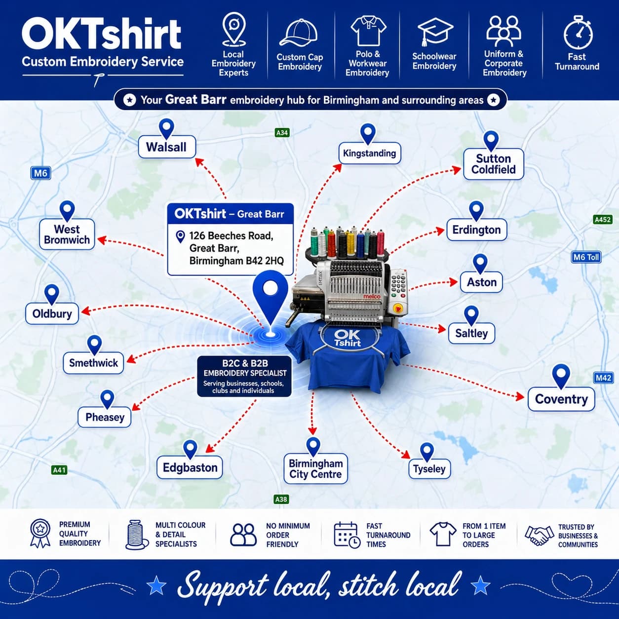 OK Tshirt Great Barr — the local custom embroidery hub on Beeches Road serving Birmingham and surrounding areas