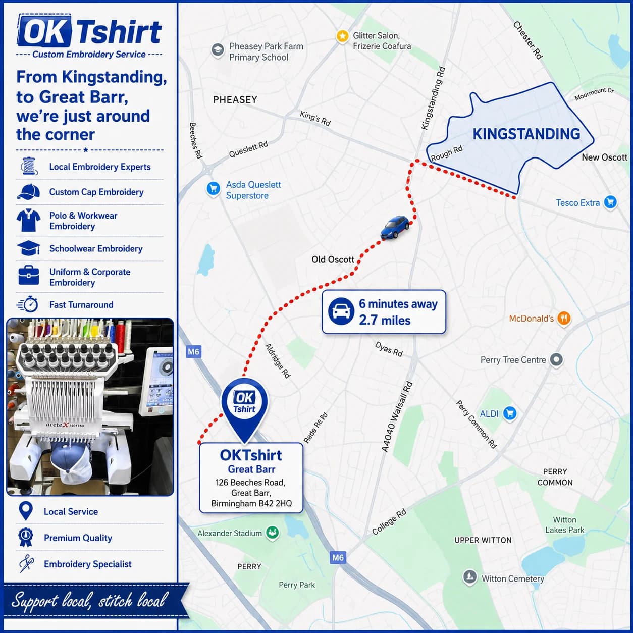 Map showing the route from Kingstanding to OK Tshirt in Great Barr for custom embroidery — 6 minutes away, 2.7 miles