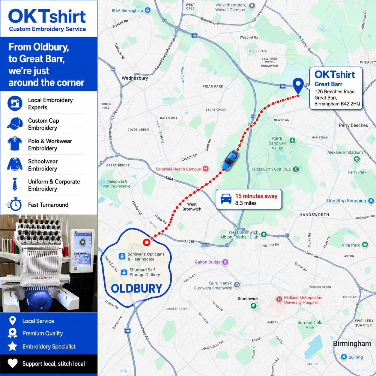 Map showing the route from Oldbury to OK Tshirt in Great Barr for custom embroidery — 15 minutes away, 8.3 miles
