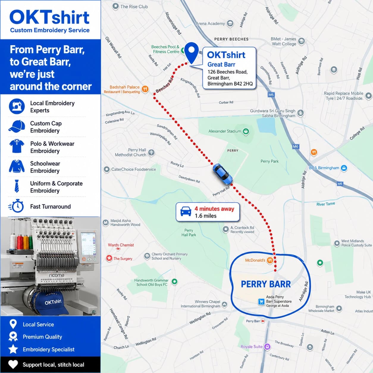 Map showing the route from Perry Barr to OK Tshirt in Great Barr for custom embroidery — 4 minutes away, 1.6 miles