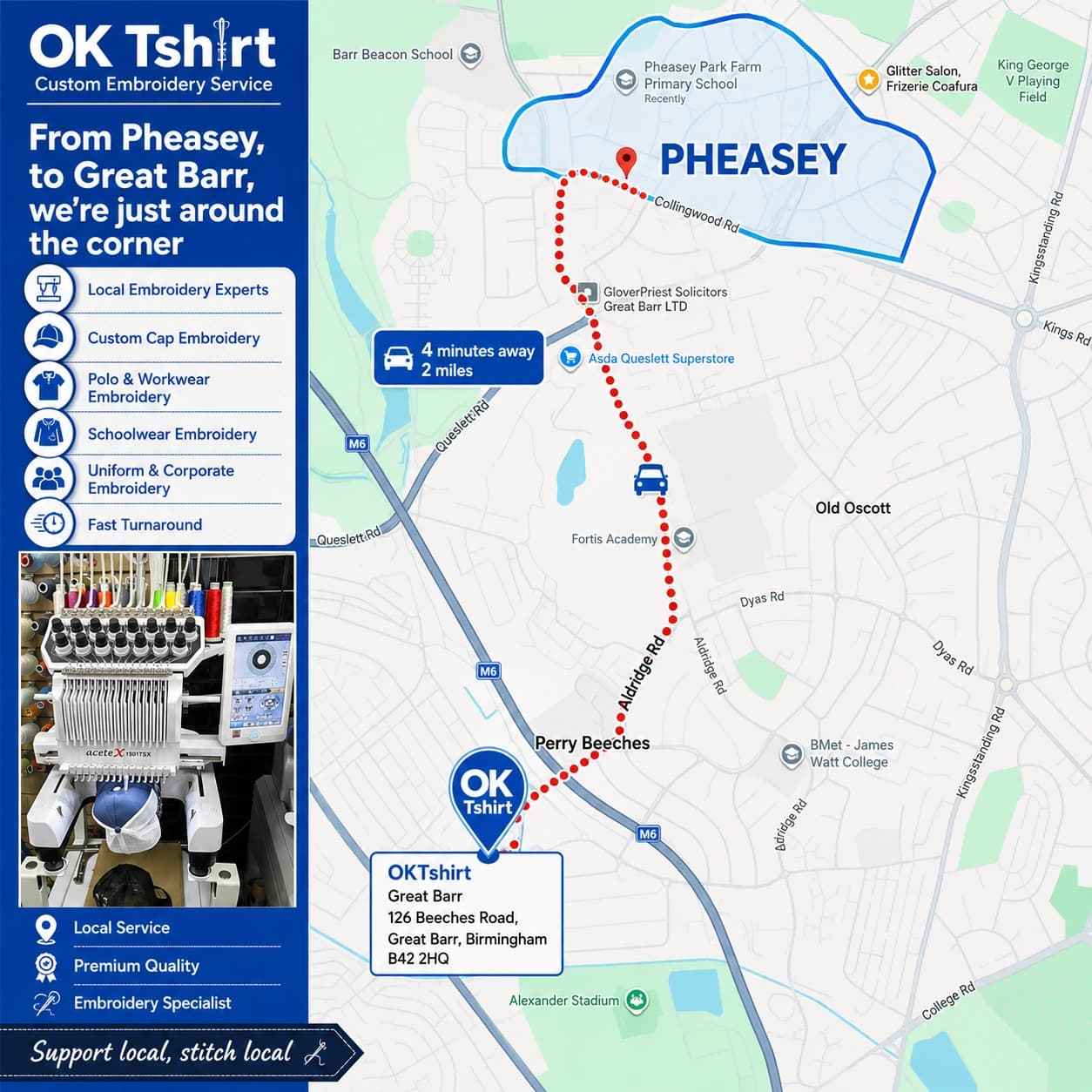 Map showing the route from Pheasey to OK Tshirt in Great Barr for custom embroidery — 4 minutes away, 2 miles