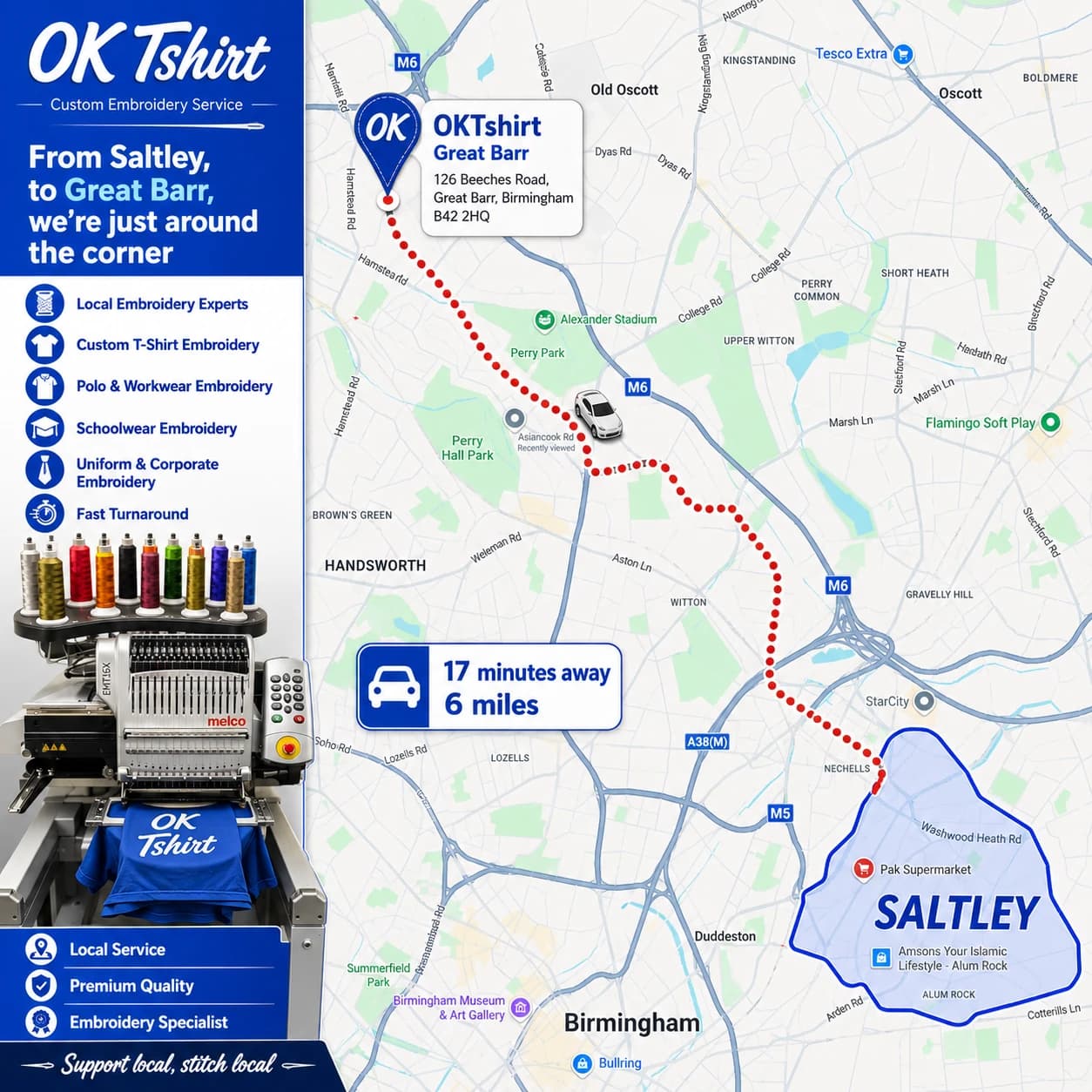 Map showing the route from Saltley to OK Tshirt in Great Barr for custom embroidery — 17 minutes away, 6 miles