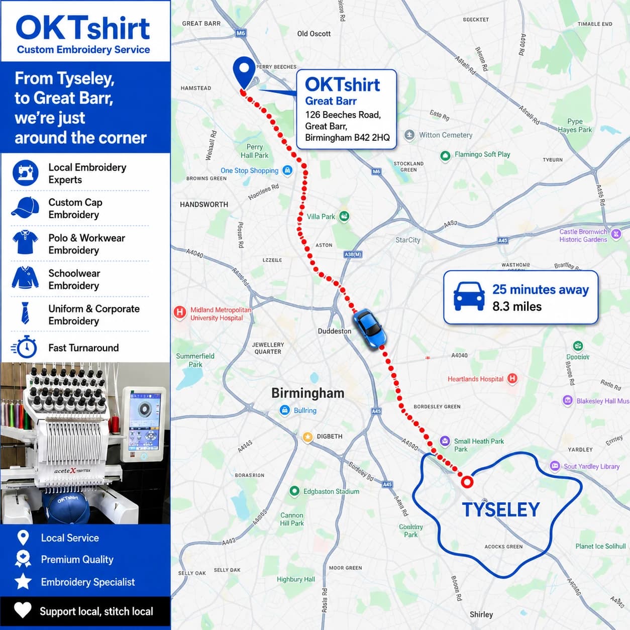 Map showing the route from Tyseley to OK Tshirt in Great Barr for custom embroidery — 25 minutes away, 8.3 miles